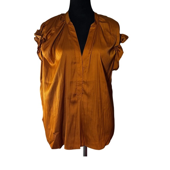 Anthropologie Womens Blouse Top 1X Copper Rust Ruched Sleeve V Neck - Picture 1 of 10